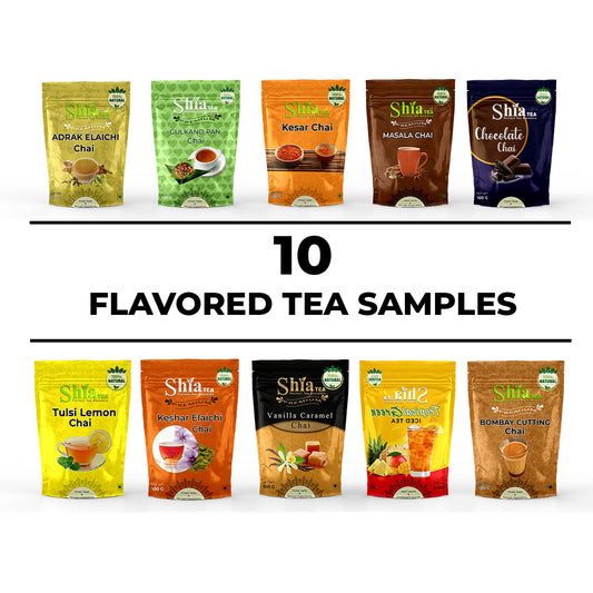 Experience a world of flavor with our 10 Flavored Tea Samples! Indulge in the bold flavors of adrak elaichi, pan, kesar, masala, chocolate, tulsi lemin, and vanilla chai. Perfect for tea lovers looking to spice up their routine. Taste the difference in every cup!